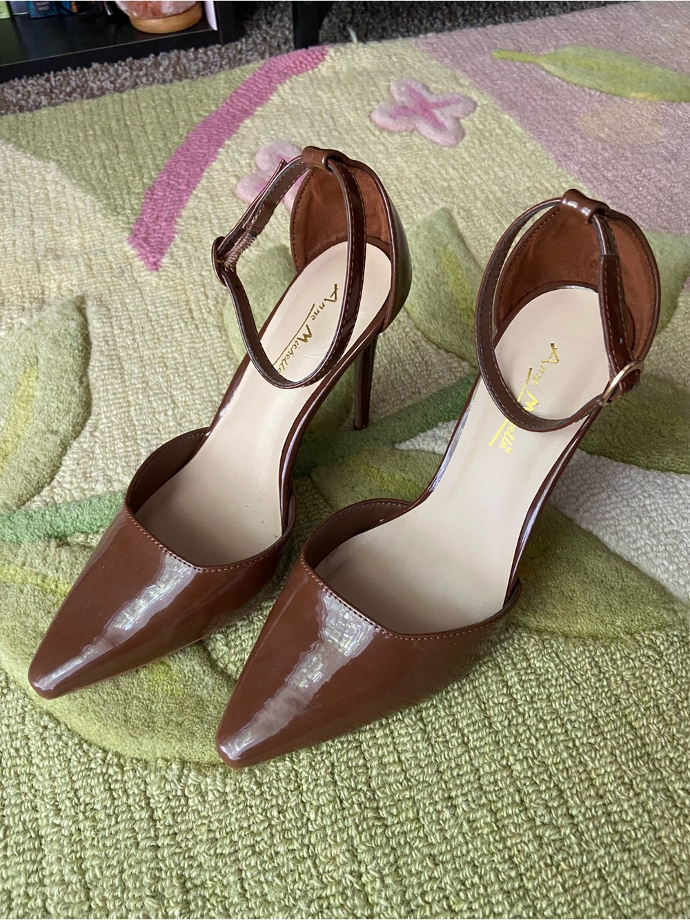Anne Michelle Brown Patent Pointed Ankle-Strap Heels